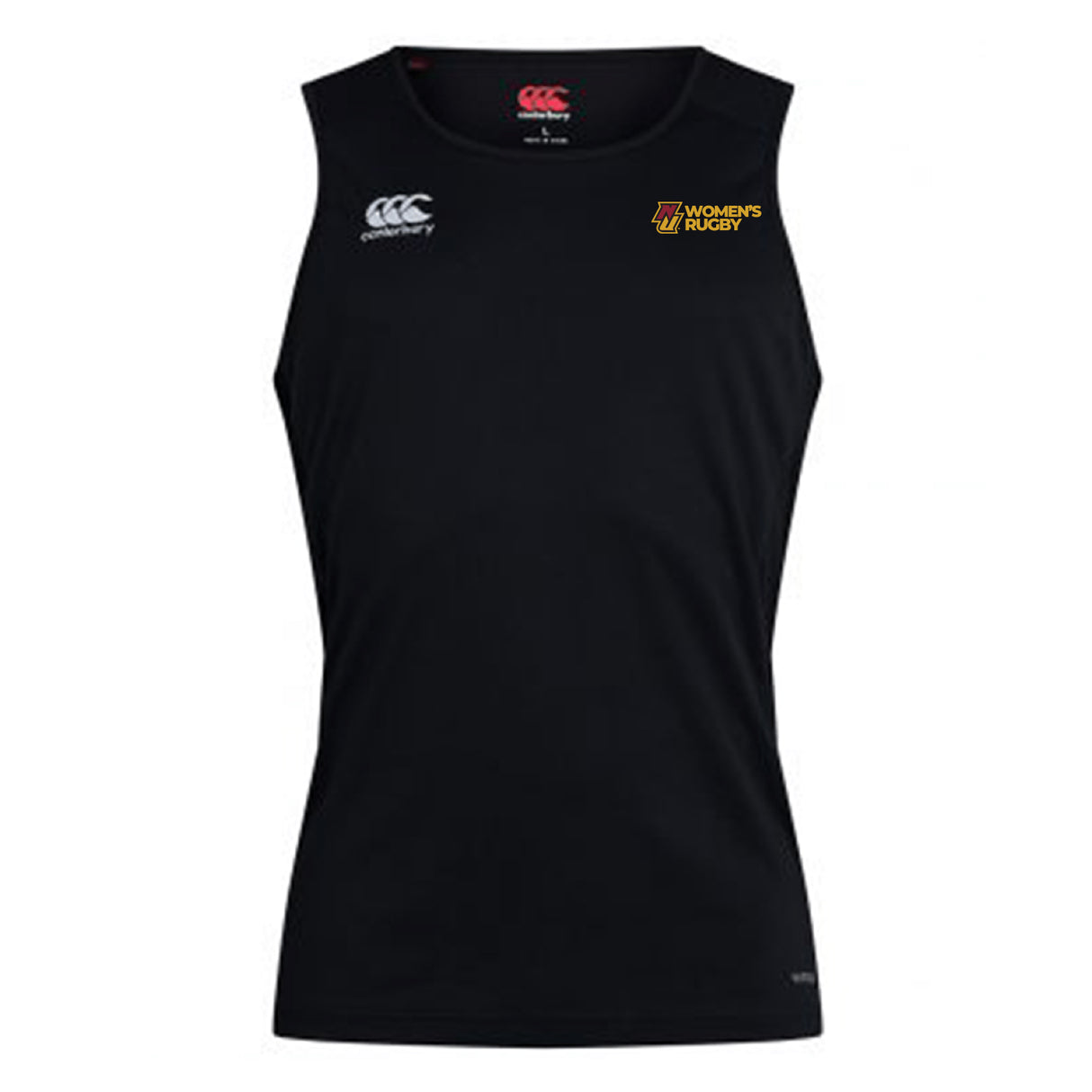 The EMB Canterbury Norwich University Women's Rugby Club Dry Singlet is a sleeveless black athletic top with "Women's Rugby" and Canterbury logos, featuring Vapodri Technology for comfort and breathability.