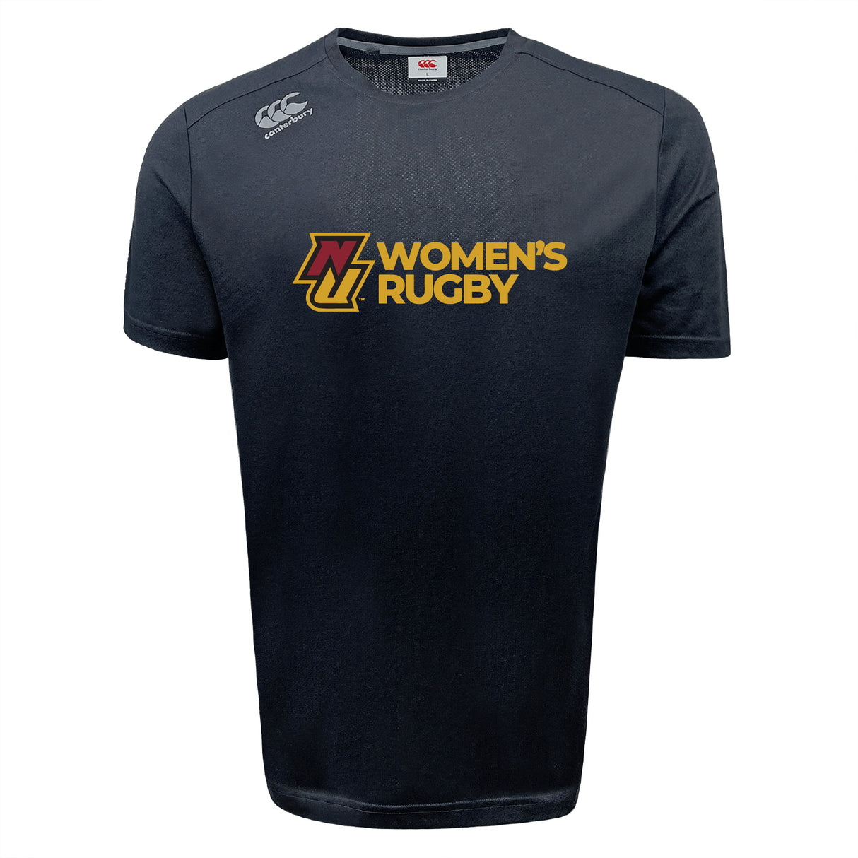 The Norwich University Women's Rugby Tempo Vapodri T-Shirt by WRS Canterbury is a black performance tee featuring the team logo in yellow and maroon text on the chest and the Canterbury brand logo on the shoulder.