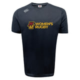 The Norwich University Women's Rugby Tempo Vapodri T-Shirt by WRS Canterbury is a black performance tee featuring the team logo in yellow and maroon text on the chest and the Canterbury brand logo on the shoulder.