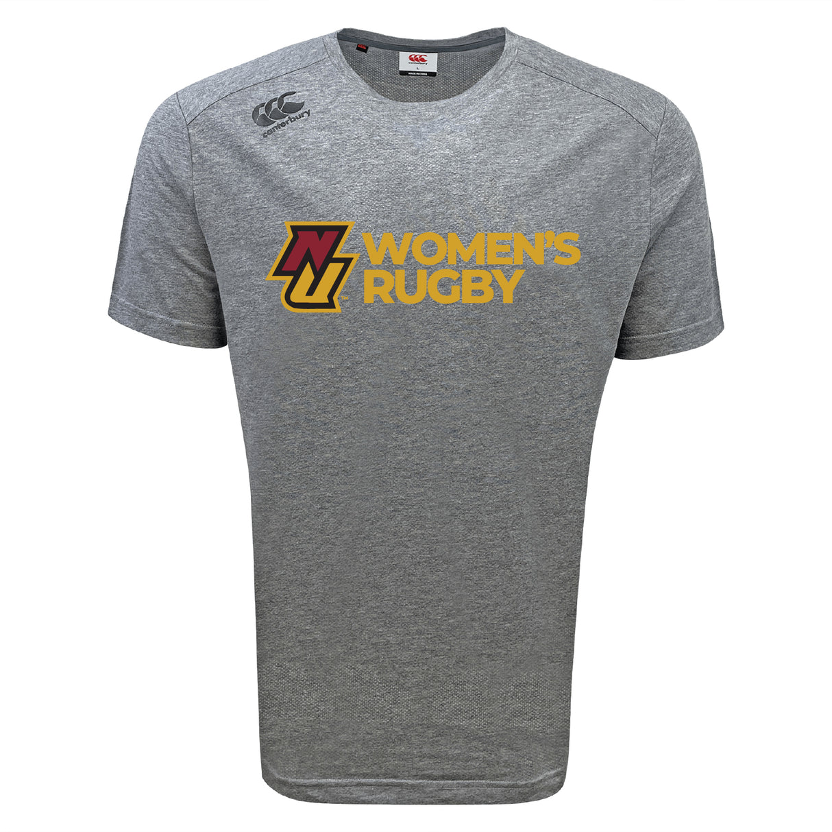 The Norwich University Women's Rugby Tempo Vapodri T-Shirt by WRS Canterbury features a heather gray design, "NZ Women's Rugby" text with maroon and yellow logo on the front, plus a Canterbury logo on the right shoulder. Ideal for fans and players.