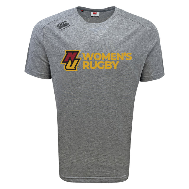 The Norwich University Women's Rugby Tempo Vapodri T-Shirt by WRS Canterbury features a heather gray design, "NZ Women's Rugby" text with maroon and yellow logo on the front, plus a Canterbury logo on the right shoulder. Ideal for fans and players.