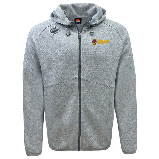 The Norwich University Women's Rugby Tempo Vapodri Full-Zip Hoodie by EMB Canterbury is a light gray hoodie with a hood, drawstrings, black and yellow chest logos, and moisture-wicking VapoDri fabric for all-day comfort.
