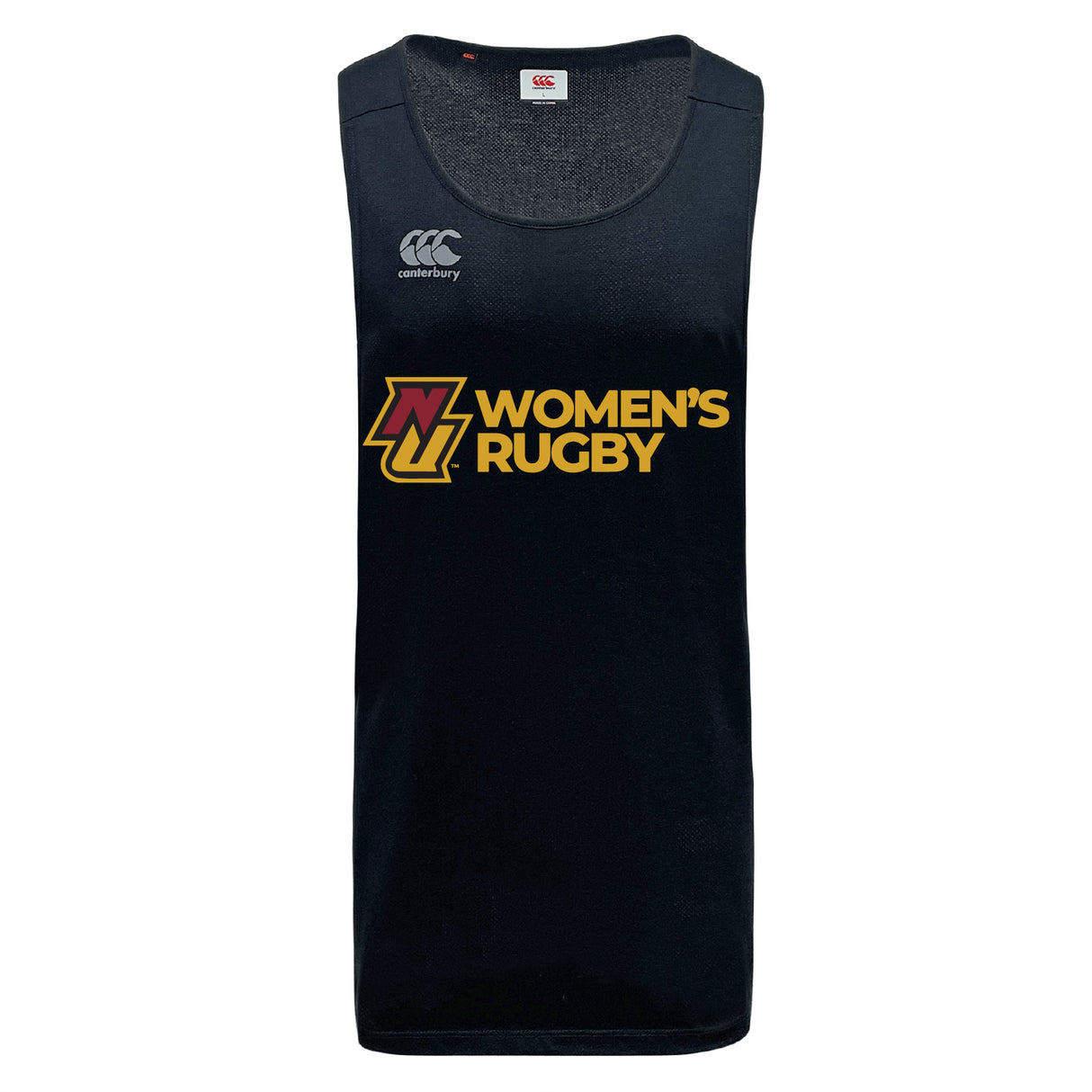 The Norwich University Women's Rugby Tempo Vapodri Singlet by WRS Canterbury is a black tank top with "NZ WOMEN'S RUGBY" in yellow and red, a white Canterbury logo on the chest, and made from recycled polyester with VapoDri tech.
