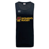 The Norwich University Women's Rugby Tempo Vapodri Singlet by WRS Canterbury is a black tank top with "NZ WOMEN'S RUGBY" in yellow and red, a white Canterbury logo on the chest, and made from recycled polyester with VapoDri tech.