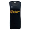 The Norwich University Women's Rugby Tempo Vapodri Singlet by WRS Canterbury is a black tank top with "NZ WOMEN'S RUGBY" in yellow and red, a white Canterbury logo on the chest, and made from recycled polyester with VapoDri tech.