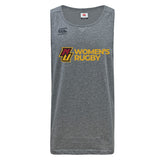 The Norwich University Women's Rugby Tempo Vapodri Singlet by WRS Canterbury is a gray athletic tank top featuring "NZ WOMEN'S RUGBY" in yellow and maroon, with a black Canterbury logo. Made from recycled polyester with VapoDri for comfort.