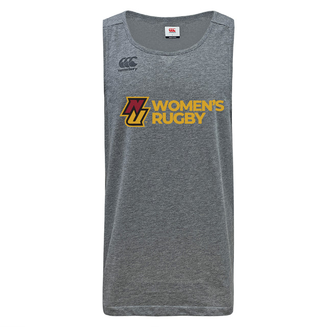 The Norwich University Women's Rugby Tempo Vapodri Singlet by WRS Canterbury is a gray athletic tank top featuring "NZ WOMEN'S RUGBY" in yellow and maroon, with a black Canterbury logo. Made from recycled polyester with VapoDri for comfort.
