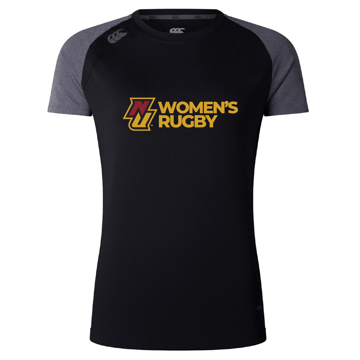 The Norwich University Women's Rugby Women's Elite Training Tee by WRS Canterbury is a black and gray elite training shirt with "NZ WOMEN'S RUGBY" in yellow and maroon, offering lightweight, moisture-wicking comfort for tough workouts.