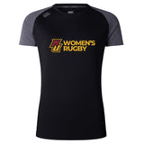 The Norwich University Women's Rugby Women's Elite Training Tee by WRS Canterbury is a black and gray elite training shirt with "NZ WOMEN'S RUGBY" in yellow and maroon, offering lightweight, moisture-wicking comfort for tough workouts.