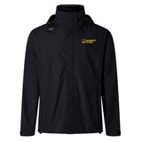 The Norwich University Women's Rugby Elite Storm Jacket by EMB Canterbury is a black, hooded, breathable jacket featuring "Women's Rugby" and a yellow logo on the left chest, plus a white logo on the right shoulder. Displayed on a plain background.