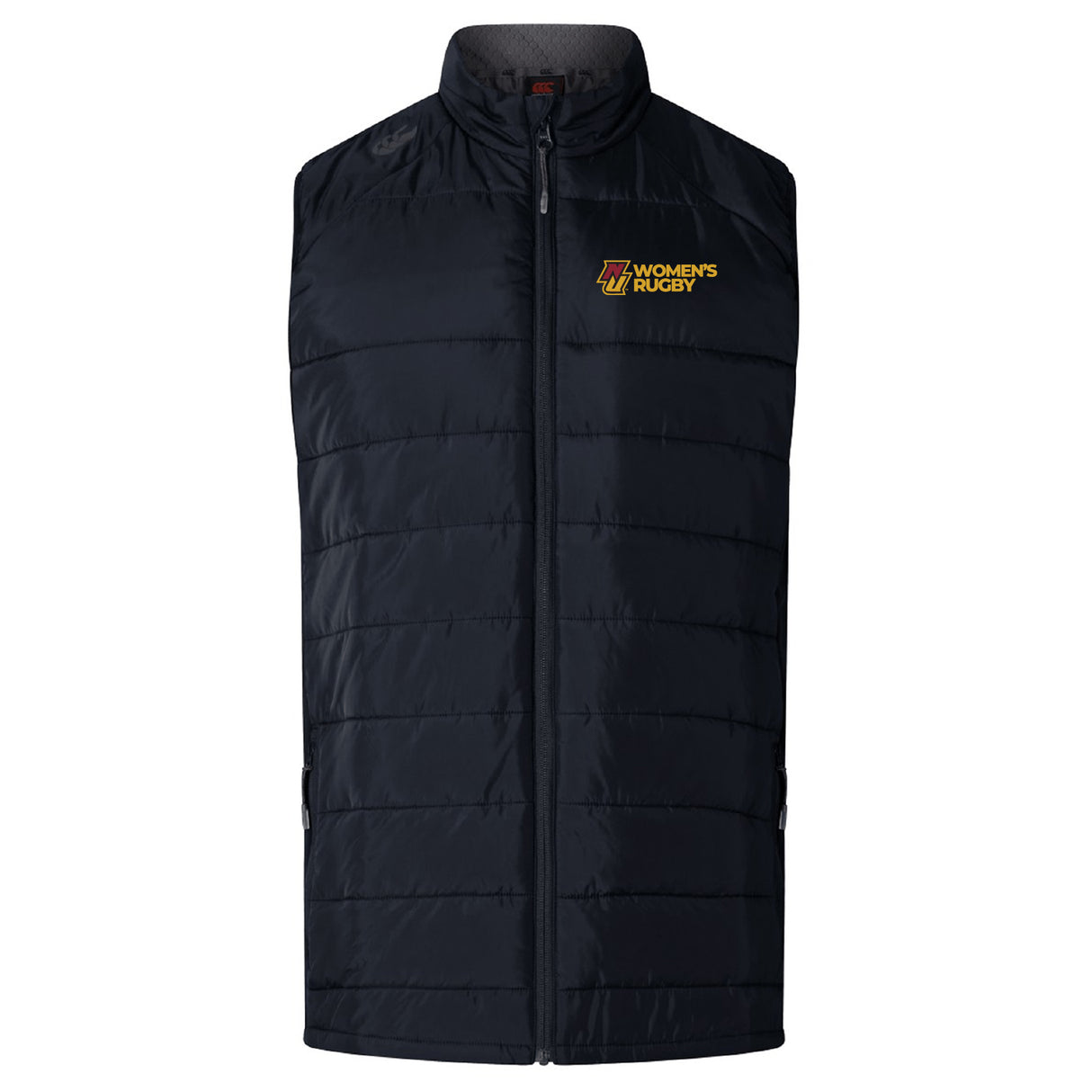 The EMB Canterbury Norwich University Women's Rugby Elite Microlite Gilet is a black, sleeveless insulated vest with a front zipper and yellow "Women's Rugby" logo on the left chest, crafted in Thermoreg fleece for warmth.