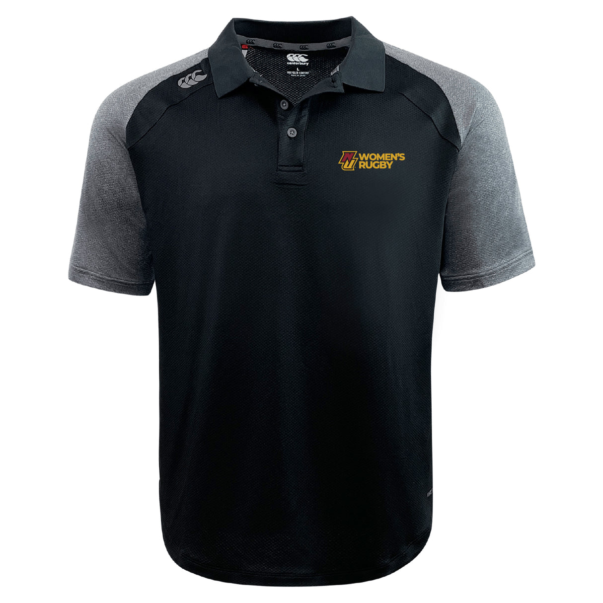 The Norwich University Women's Rugby Elite Polo by EMB Canterbury features Vapodri fabric, a "Women's Rugby" logo on the left chest, and the Canterbury logo on the right shoulder for lightweight comfort.