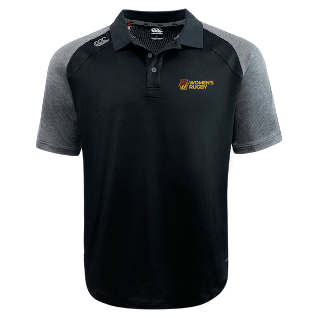 The Norwich University Women's Rugby Elite Polo by EMB Canterbury features Vapodri fabric, a "Women's Rugby" logo on the left chest, and the Canterbury logo on the right shoulder for lightweight comfort.