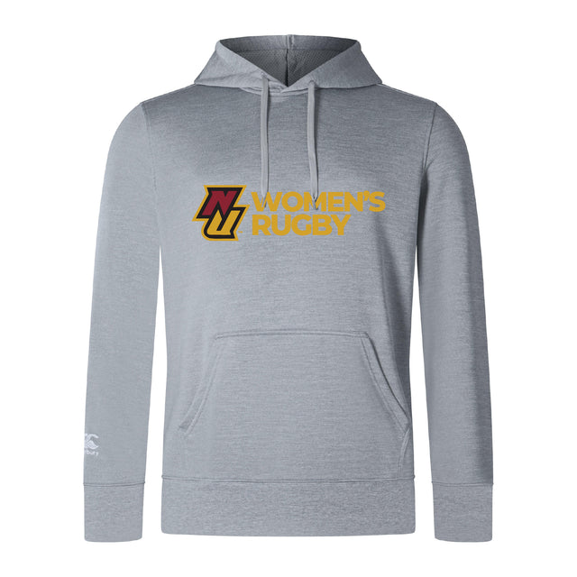 WRS Canterbury Norwich University Women's Rugby Club lightweight hoodie in light gray with a front kangaroo pocket and drawstrings, featuring "NZ WOMEN'S RUGBY" in gold and maroon on the chest.