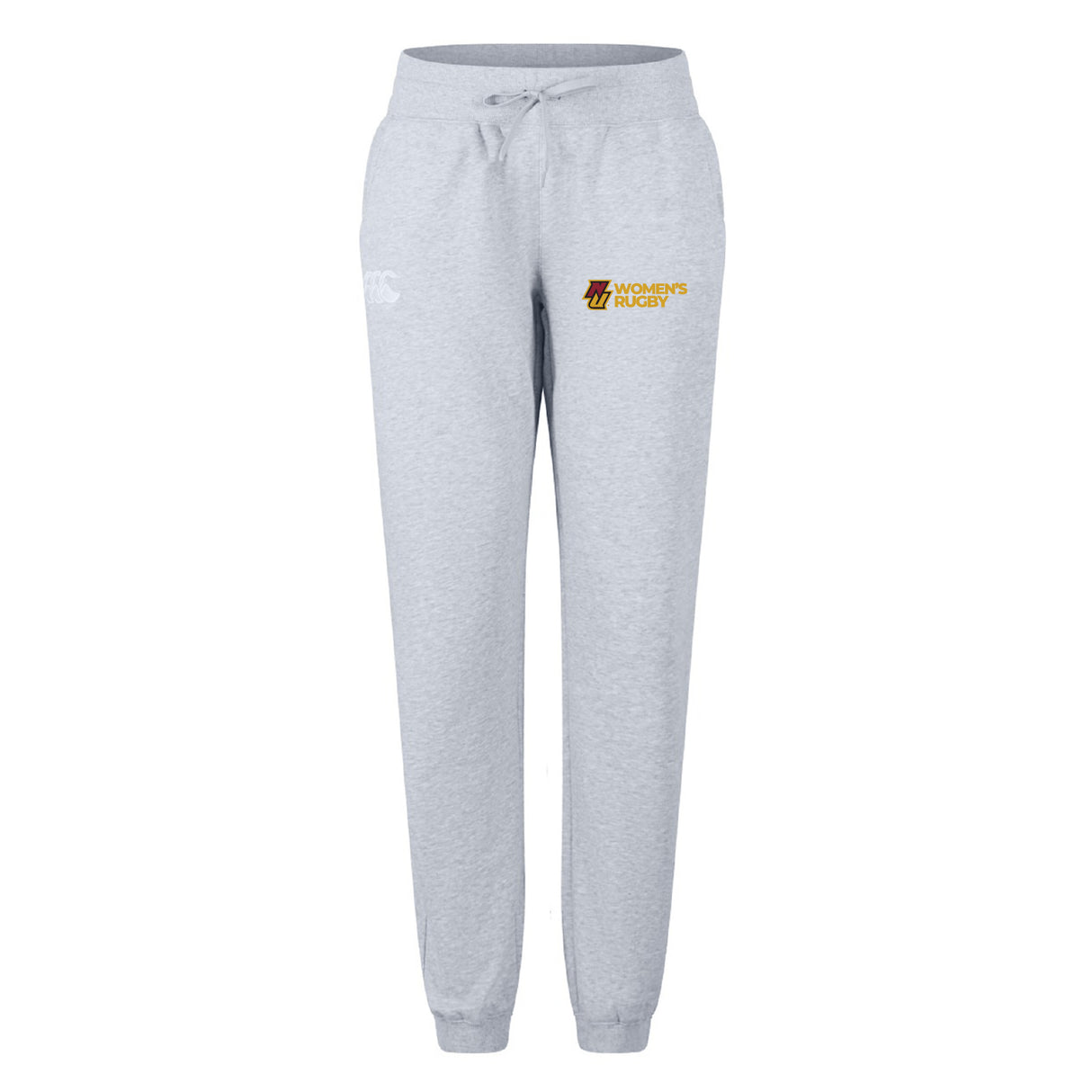 Light grey Norwich University Women's Rugby Leisure Sweatpant by EMB Canterbury for women, made from organic cotton with a drawstring waist, side pockets, and two embroidered logos—one white, one yellow and maroon reading "Women's Rugby.