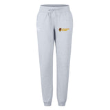 Light grey Norwich University Women's Rugby Leisure Sweatpant by EMB Canterbury for women, made from organic cotton with a drawstring waist, side pockets, and two embroidered logos—one white, one yellow and maroon reading "Women's Rugby.