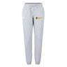 Light grey Norwich University Women's Rugby Leisure Sweatpant by EMB Canterbury for women, made from organic cotton with a drawstring waist, side pockets, and two embroidered logos—one white, one yellow and maroon reading "Women's Rugby.