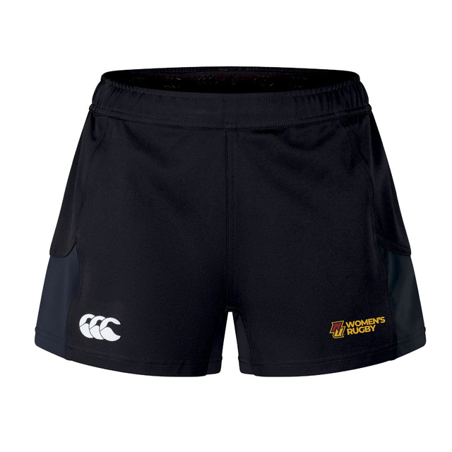 The Norwich University Women's Rugby Advantage Short 2.0 by EMB Canterbury features the Canterbury logo on the left leg and a "Women's Rugby" emblem on the right, blending classic style with sustainable performance.