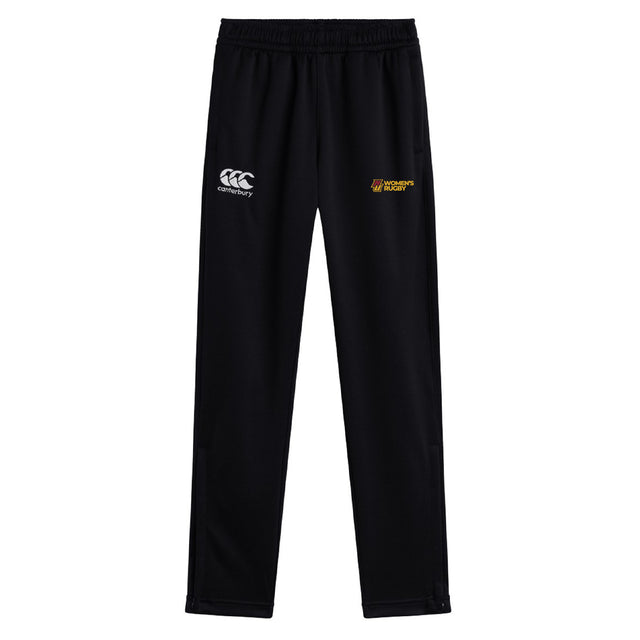 The Norwich University Women's Rugby Stretch Tapered Pant by EMB Canterbury features an elastic waistband, quick dry fabric, and two front logos: white Canterbury and yellow Norwich University. Ideal for women's workout needs.