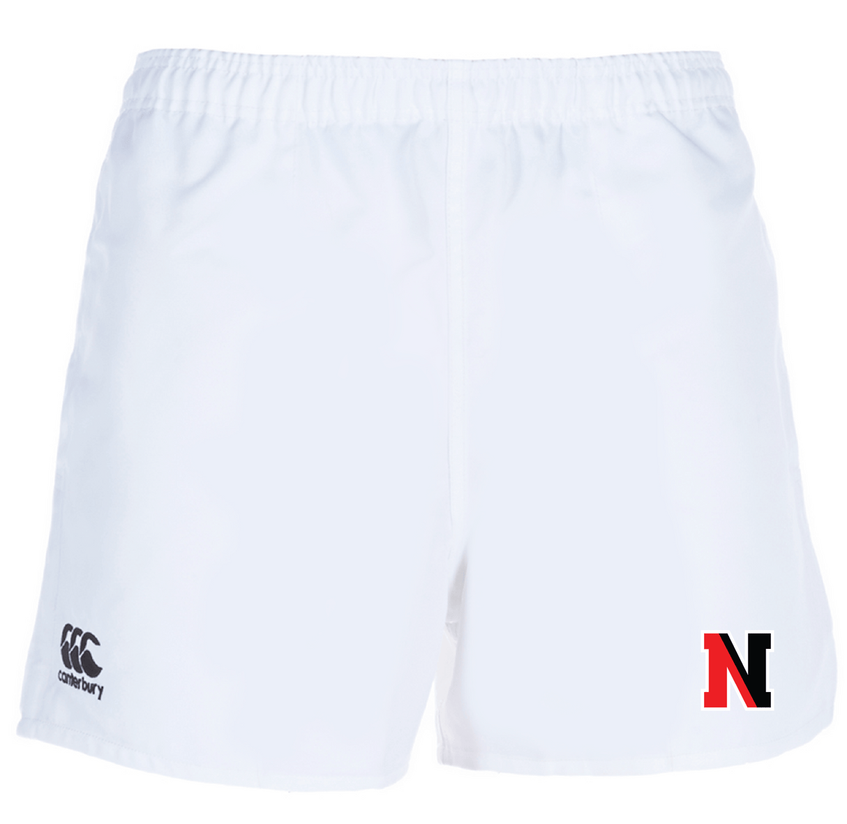 These white Northeastern University Rowing Player's Drill Shorts by EMB Canterbury are crafted from recycled fabric, featuring an embroidered black and red "N" logo on the right side and a Canterbury brand logo on the left, perfect for any sporting occasion.