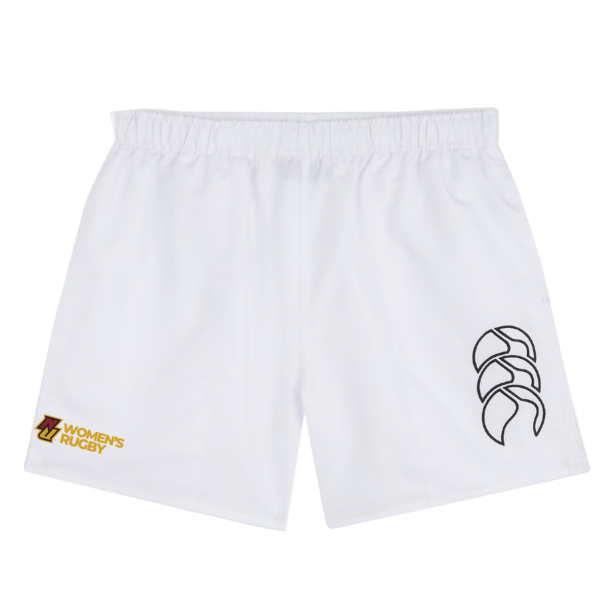 The Norwich University Women's Rugby Tactic Short by EMB Canterbury features a lightweight design, elastic waistband, black logo on the right leg, and a gold "Women's Rugby" badge—classic gym shorts inspired by Canterbury athletic wear.