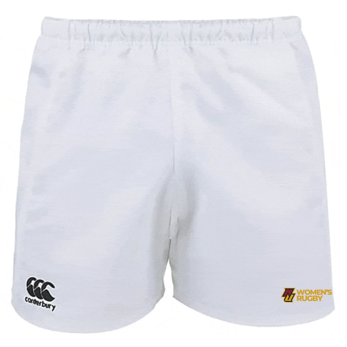 The Norwich University Women's Rugby Professional Polyester Rugby Short by EMB Canterbury features an elastic waistband and front logos of EMB Canterbury and Norwich University Women’s Rugby.