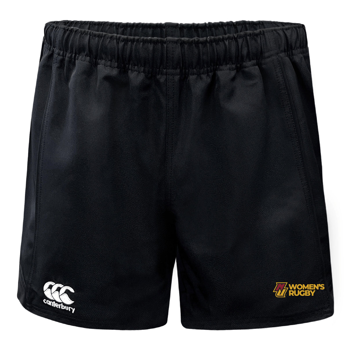 The Norwich University Women's Rugby Professional Polyester Rugby Short by EMB Canterbury features an elastic waistband, the Canterbury logo on the left leg, and a yellow "Women's Rugby" emblem on the right for comfort and performance.