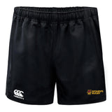 The Norwich University Women's Rugby Professional Polyester Rugby Short by EMB Canterbury features an elastic waistband, the Canterbury logo on the left leg, and a yellow "Women's Rugby" emblem on the right for comfort and performance.