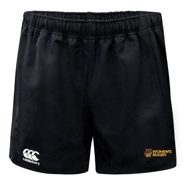 The Norwich University Women's Rugby Professional Polyester Rugby Short by EMB Canterbury features an elastic waistband, the Canterbury logo on the left leg, and a yellow "Women's Rugby" emblem on the right for comfort and performance.
