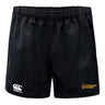 The Norwich University Women's Rugby Professional Polyester Rugby Short by EMB Canterbury features an elastic waistband, the Canterbury logo on the left leg, and a yellow "Women's Rugby" emblem on the right for comfort and performance.