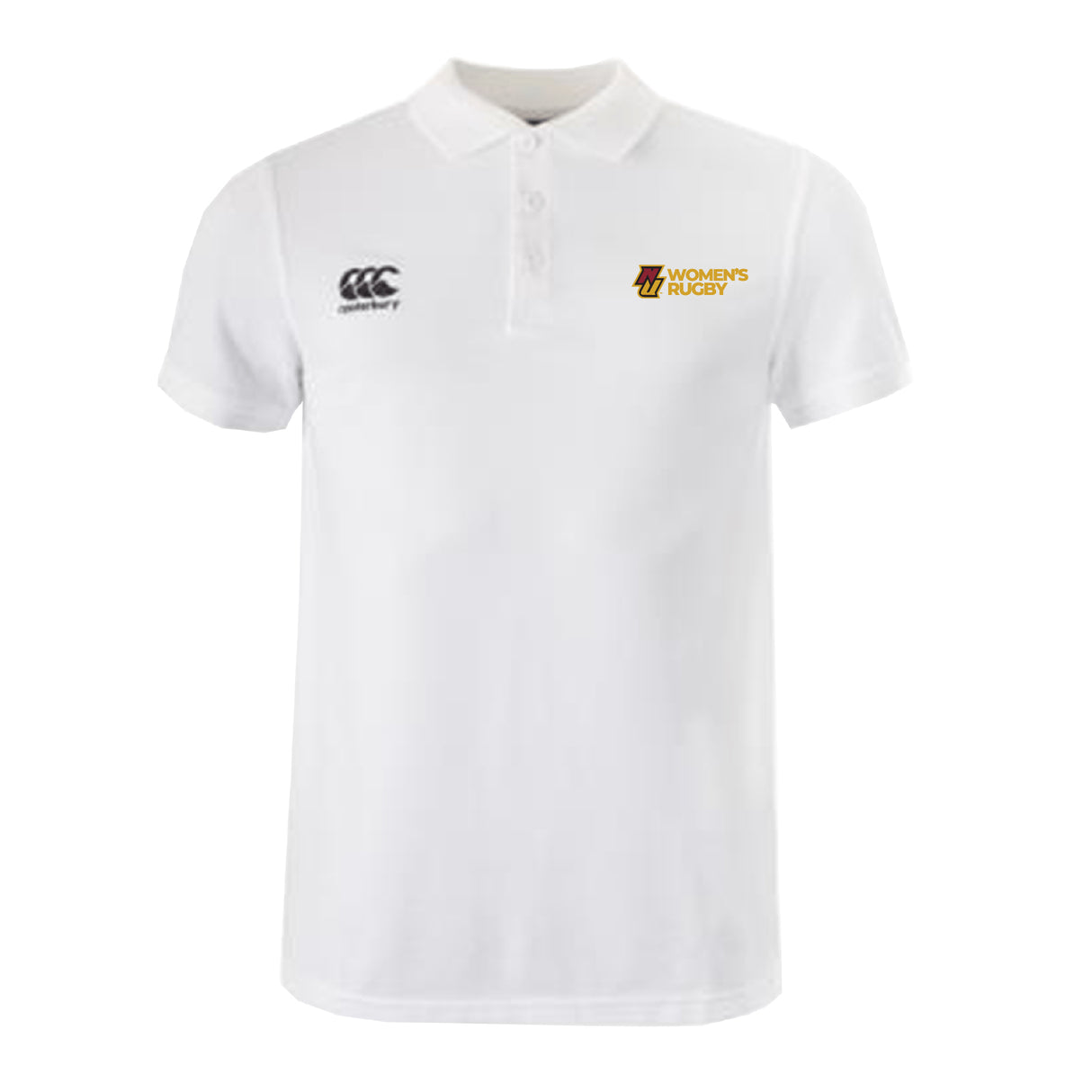 The Norwich University Women's Rugby Waimak Polo by EMB Canterbury features short sleeves, a collar with buttons, the classic Canterbury logo on the left chest, and a "Women's Rugby" logo on the right—ideal for rugby fans.