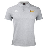 The Norwich University Women's Rugby Waimak Polo by EMB Canterbury features light grey short sleeves, a collar with three buttons, and white Canterbury and gold Women's Rugby logos—ideal for rugby fans.