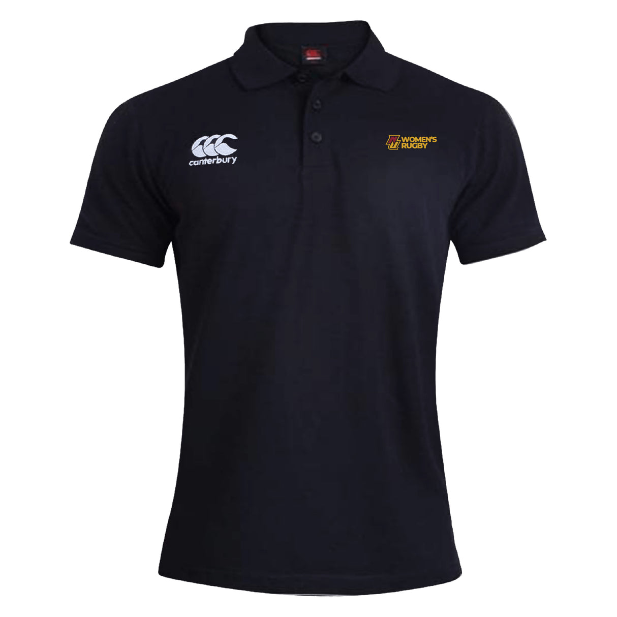 The Norwich University Women's Rugby Waimak Polo by EMB Canterbury is a black short-sleeve polo featuring a collar, the CCC Waimak Rugby Polo logo on the right chest, and "Women's Rugby" text on the left—ideal for rugby fans.
