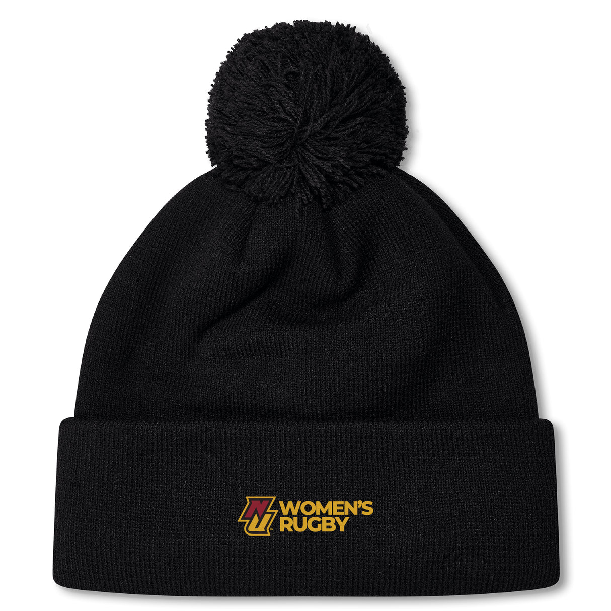 The Norwich University Women's Rugby Pom Pom Beanie by EMB Canterbury is a black knit hat with a pom-pom and "N Women's Rugby" embroidered in yellow and red, perfect for showing team spirit.