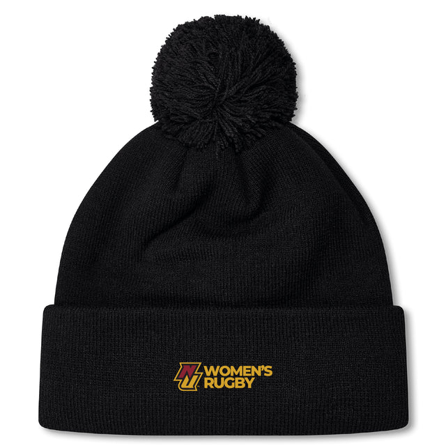 The Norwich University Women's Rugby Pom Pom Beanie by EMB Canterbury is a black knit hat with a pom-pom and "N Women's Rugby" embroidered in yellow and red, perfect for showing team spirit.