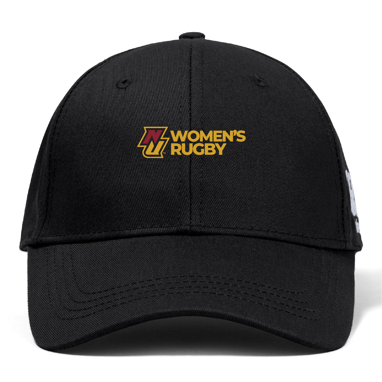 The Norwich University Women's Rugby Flexfit Drill Cap by EMB Canterbury features a black flexfit design with "Women's Rugby" and a maroon and gold embroidered "N" logo on the front.