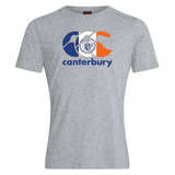 The Canterbury New York CCC Flag Club T-shirt by WRS Canterbury is a grey short-sleeve rugby tee with a large blue and orange "CCC" logo and "canterbury" text on the chest.