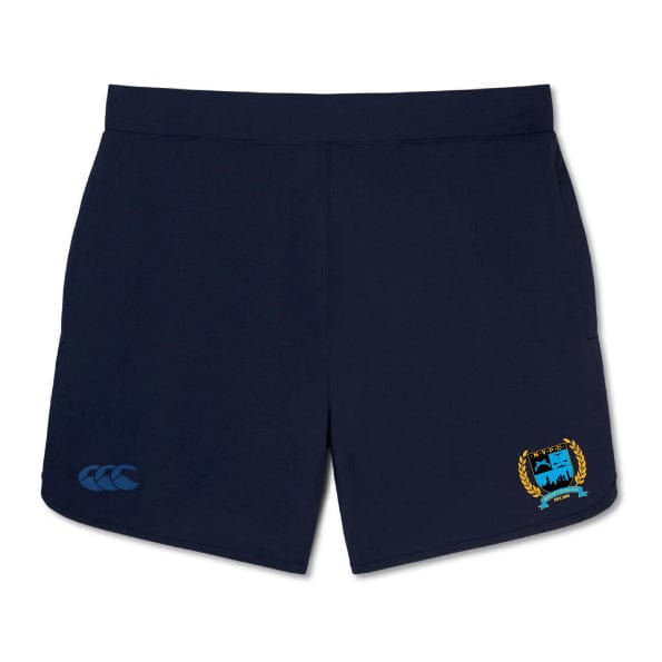 The New York Police Dept. Rugby Elite Woven Shorts by EMB Canterbury highlight a front logo on the left, featuring a blue emblem and yellow wreath, ideal for boosting your training experience.
