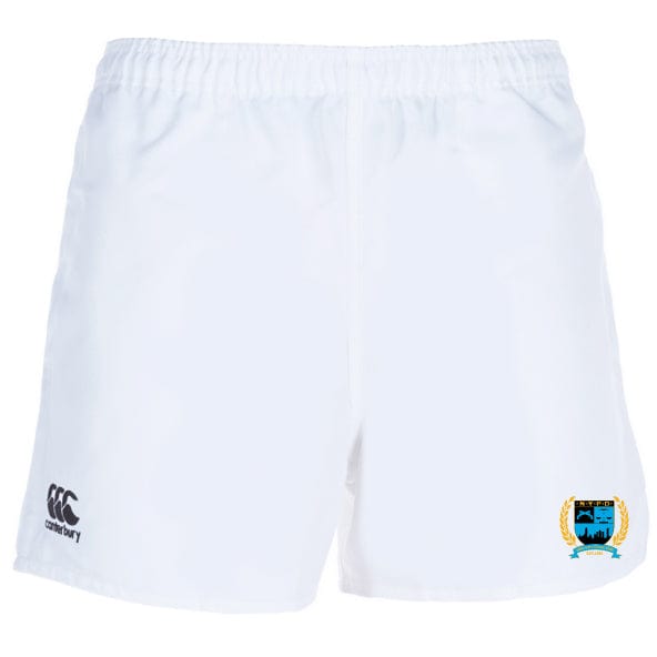 The New York Police Dept. Rugby Player's Drill Short by EMB Canterbury combines sustainability with style, featuring a small logo on the right leg and the Canterbury logo on the left, crafted from recycled fabric.