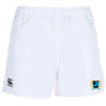 The New York Police Dept. Rugby Player's Drill Short by EMB Canterbury combines sustainability with style, featuring a small logo on the right leg and the Canterbury logo on the left, crafted from recycled fabric.