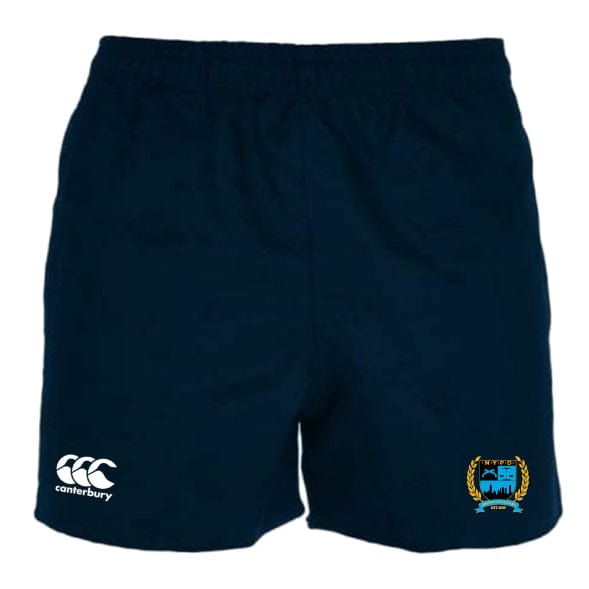 The New York Police Dept. Rugby Player's Drill Shorts by EMB Canterbury are navy blue athletic shorts crafted from recycled fabric, showcasing a Canterbury logo on the left leg and a crest logo on the right leg.