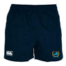 The New York Police Dept. Rugby Player's Drill Shorts by EMB Canterbury are navy blue athletic shorts crafted from recycled fabric, showcasing a Canterbury logo on the left leg and a crest logo on the right leg.