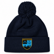Navy blue cuffed knit New York Police Dept. Rugby Pom Pom Beanie by Canterbury with a pom-pom on top and an NYPD emblem patch on the front.