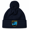 Navy blue cuffed knit New York Police Dept. Rugby Pom Pom Beanie by Canterbury with a pom-pom on top and an NYPD emblem patch on the front.