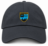 Dark gray cotton twill New York Police Dept. Rugby Adult Low-Profile Cotton Twill Dad Cap featuring an NYPD crest with crossed pistols, a scale of justice, and a city skyline silhouette.