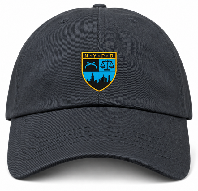 Dark gray cotton twill New York Police Dept. Rugby Adult Low-Profile Cotton Twill Dad Cap featuring an NYPD crest with crossed pistols, a scale of justice, and a city skyline silhouette.