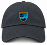Dark gray cotton twill New York Police Dept. Rugby Adult Low-Profile Cotton Twill Dad Cap featuring an NYPD crest with crossed pistols, a scale of justice, and a city skyline silhouette.