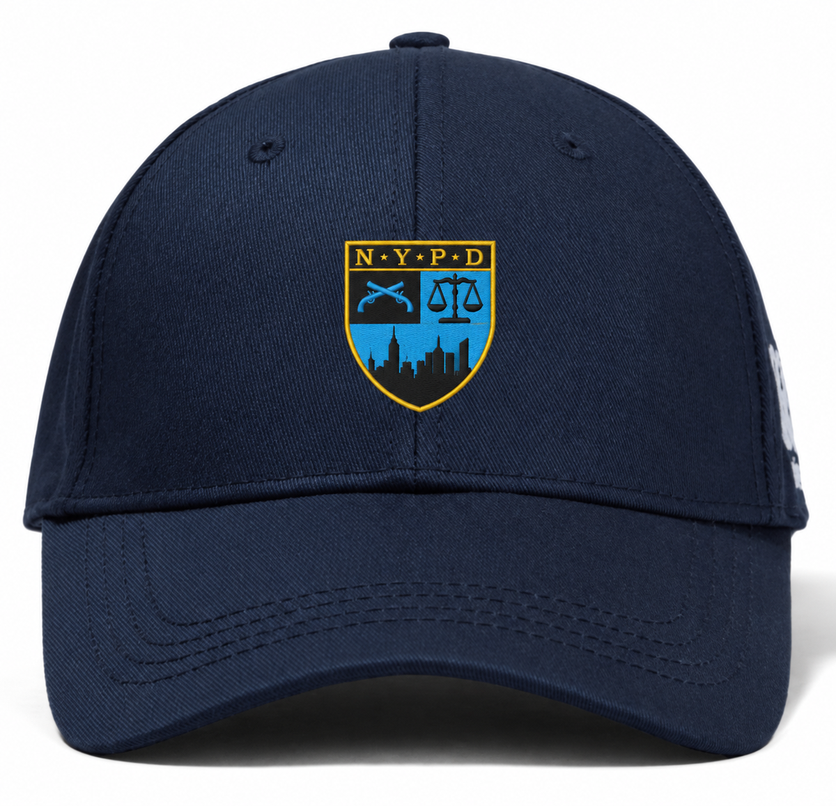 Navy blue New York Police Dept. Rugby Flexfit Drill Cap by Canterbury featuring an embroidered NYPD emblem with a crest, crossed pistols, a scale of justice, and a city skyline silhouette.