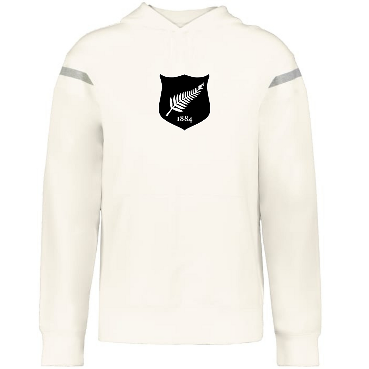 The WRS Augusta New Zealand Heritage Prep Vintage Shield Hoodie is a white hoodie with a black shield emblem, white fern, and "1884" on the chest.