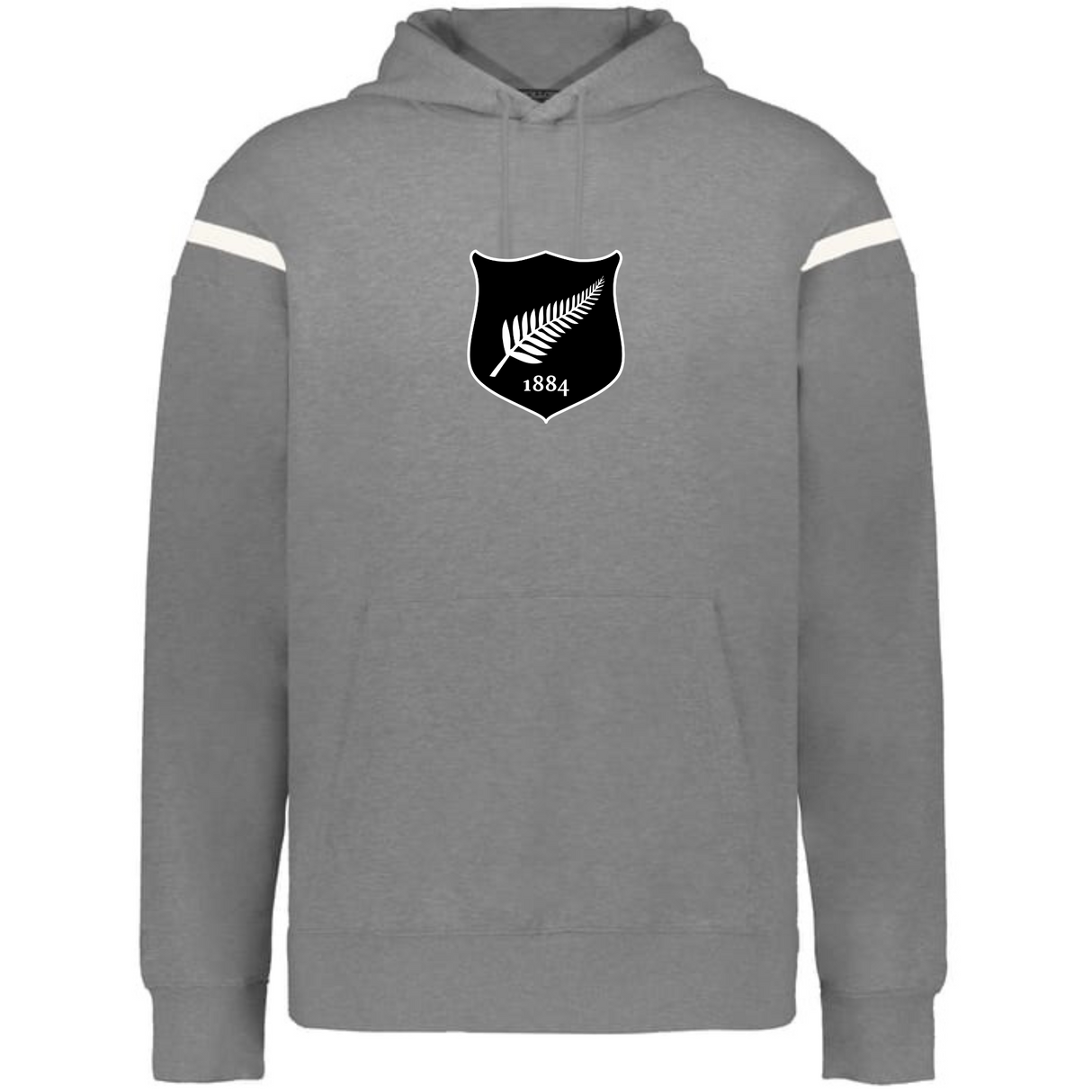 The WRS Augusta New Zealand Heritage Prep Vintage Shield Hoodie features gray fabric, white upper-arm stripes, and a black shield crest with a white fern and "1884"—ideal for fans of classic New Zealand rugby style.